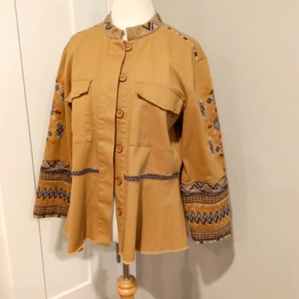 Johnny Was Military Jacket 3/4 Sleeve Tan w/ Blue Embroidery  sz M